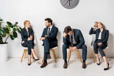 collage of young business people holding coffee to go and waiting on chairs in line  clipart