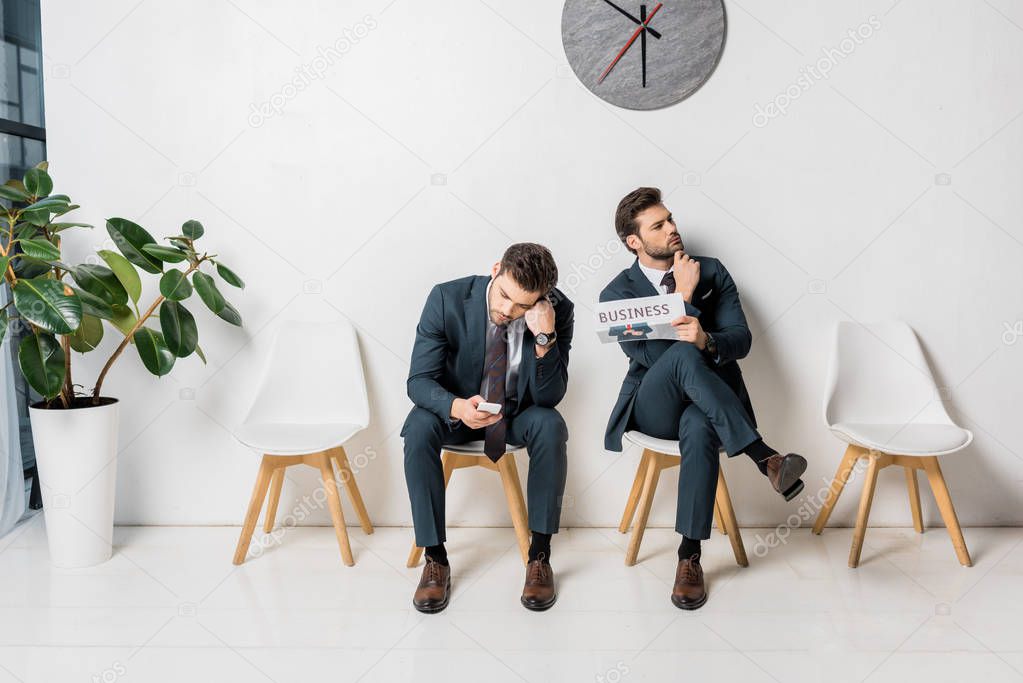 collage of nervous young businessman waiting in queue
