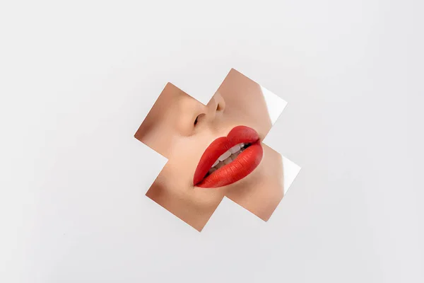 Cropped Shot Young Woman Red Lips Cross Shaped Hole White — Stock Photo, Image
