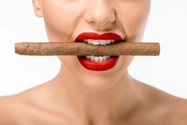 Cropped Shot Naked Girl Holding Cigar Mouth Isolated White — Stock Photo, Image