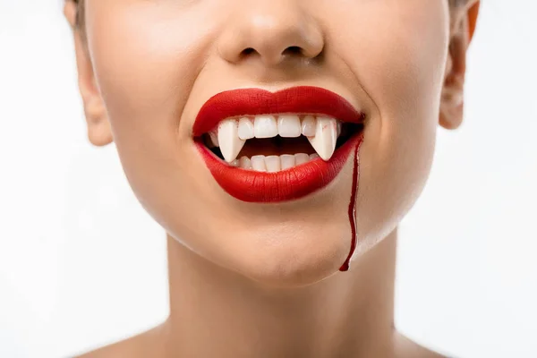 Tiro Cortado Menina Com Lábios Vermelhos Presas Vampiro Sangue Rosto — Fotografia de Stock