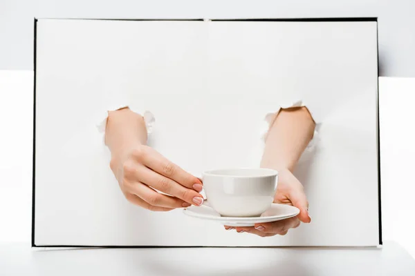 Cropped Shot Woman Holding Cup Saucer Holes White — Stock Photo, Image