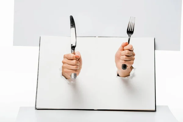 Partial View Woman Holding Fork Knife Holes White — Free Stock Photo