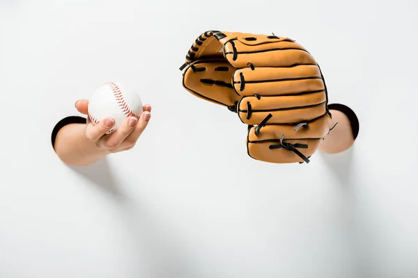 Cropped Image Woman Holding Baseball Glove Ball Holes White — Stock Photo, Image