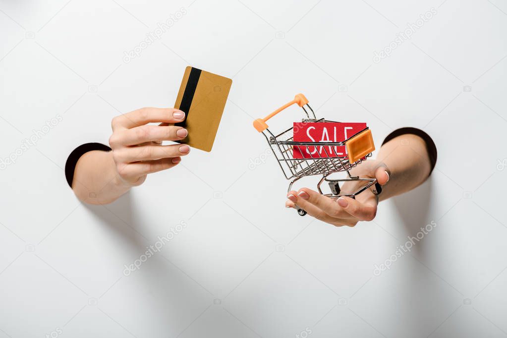 cropped image of woman holding small shopping cart and credit card on white