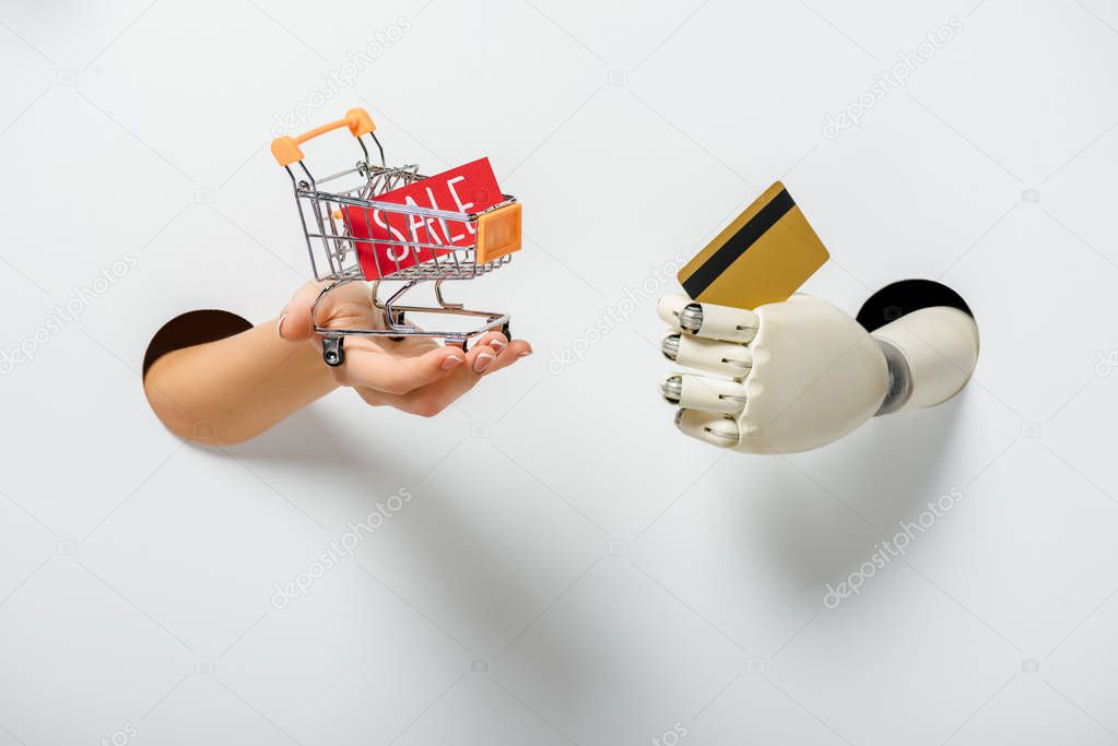 cropped image of woman and robot holding small shopping cart and credit card through holes on white