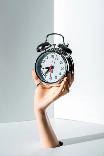 Cropped Image Woman Holding Retro Styled Alarm Clock Hand Hole — Stock Photo, Image