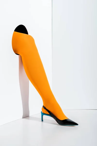 Cropped Image Woman Showing Leg Orange Tights Black High Heel — Free Stock Photo