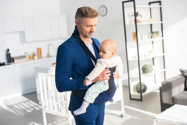 Handsome Businessman Holding Infant Daughter Room Sunlight — Stock Photo, Image