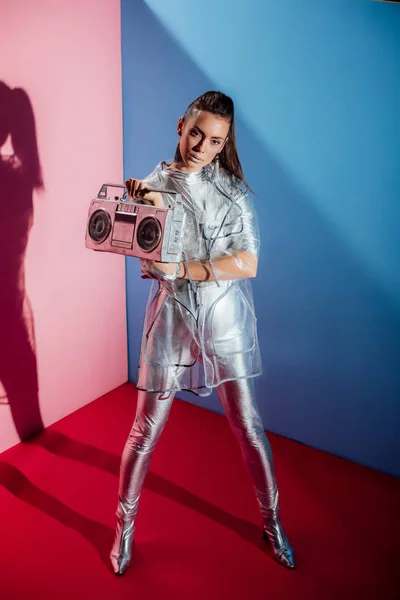 Beautiful Young Woman Metallic Bodysuit Raincoat Posing Boombox Pink Blue — Stock Photo, Image