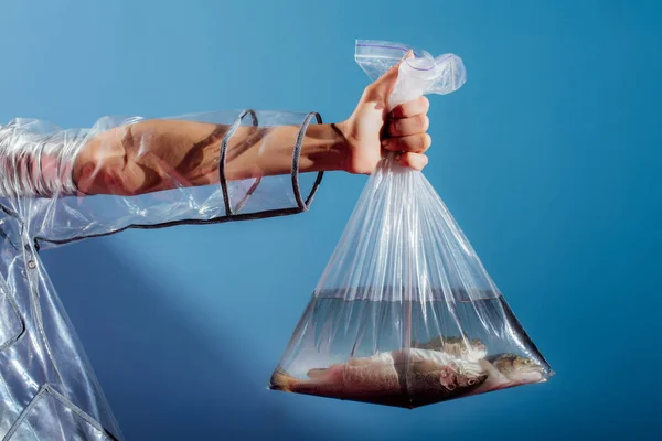 Teilansicht Einer Modischen Frau Regenmantel Mit Plastiktüte Mit Fisch Auf — kostenloses Stockfoto