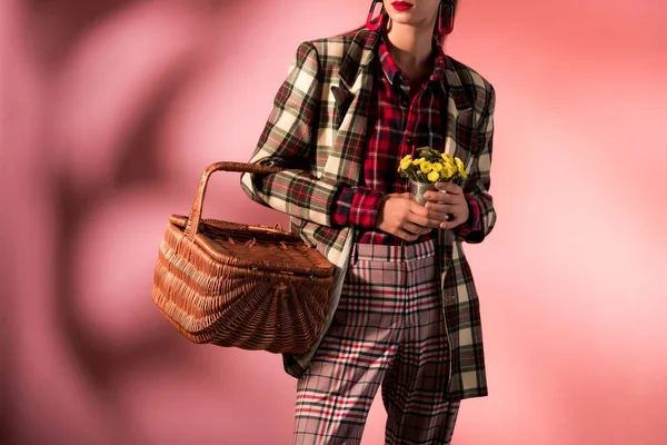 Cropped View Stylish Girl Autumn Checkered Suit Posing Basket Flowers — Stock Photo, Image