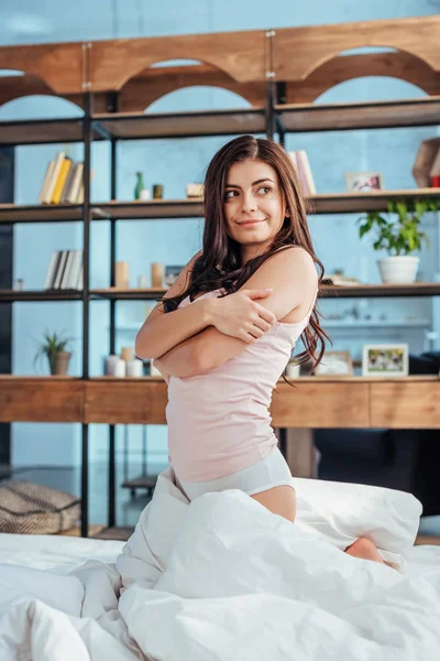 Joyful Attractive Girl Looking Away Bed Morning Time Home — Free Stock Photo