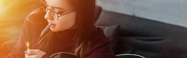 Girl Lighting Marijuana Joint Holding Guitar Home Backlit — Stock Photo, Image