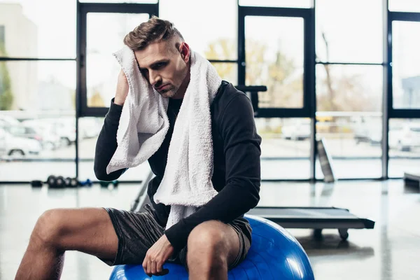 Handsome Tired Sportsman Resting Fitness Ball Towel Gym — Stock Photo, Image