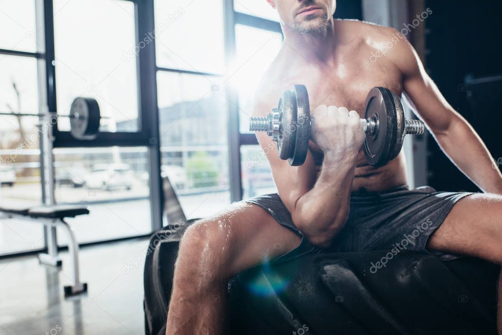 cropped image of shirtless sportsman sitting on tire and exercising with in gym dumbbell