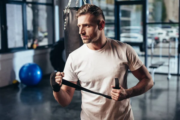 Handsome Sportsman Wearing Sports Bandage Gym Looking Away — Stock Photo, Image