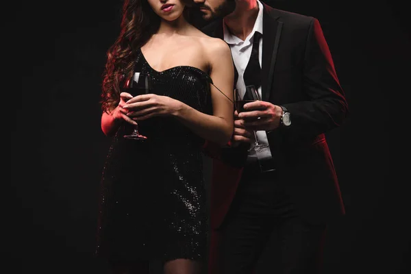 Cropped View Seductive Couple Holding Glasses Red Wine Isolated Black — Stock Photo, Image