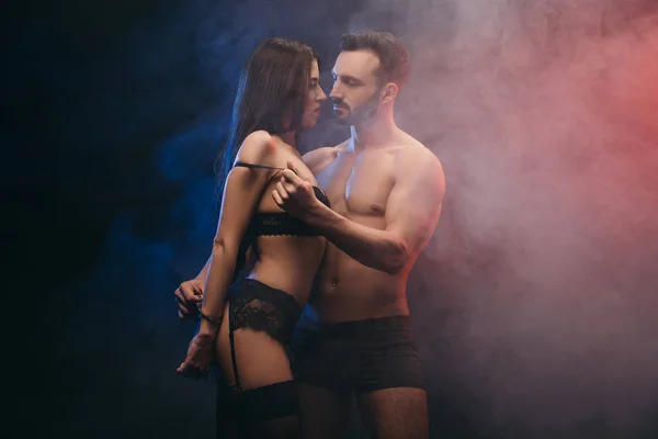 Passionate Loving Couple Handcuffs Smoky Room — Stock Photo, Image