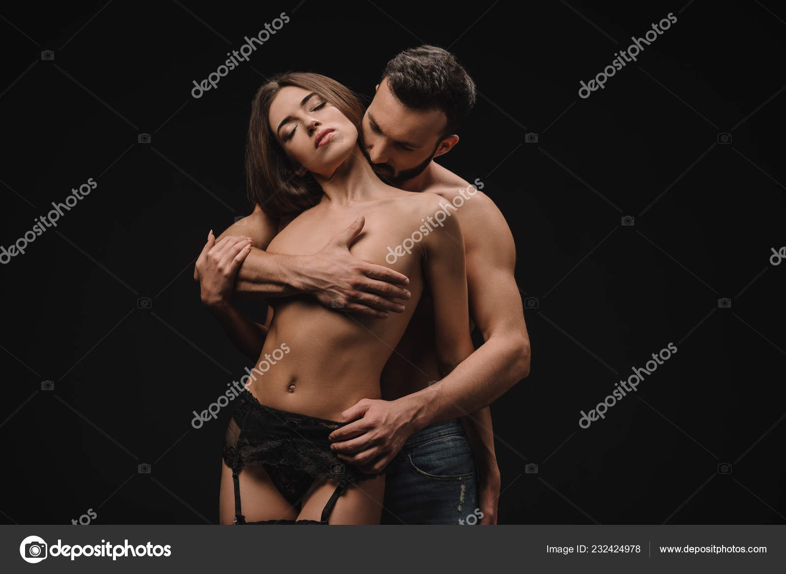 Handsome Boyfriend Hugging Nude Breast Beautiful Girlfriend Isolated Black Stock Photo by ©VitalikRadko 232424978