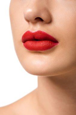 Kırmızı dudaklı beyaz izole kız görünümünü kapat