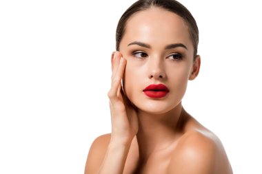 Kırmızı dudaklı beyaz izole yüz dokunmadan çekici kız