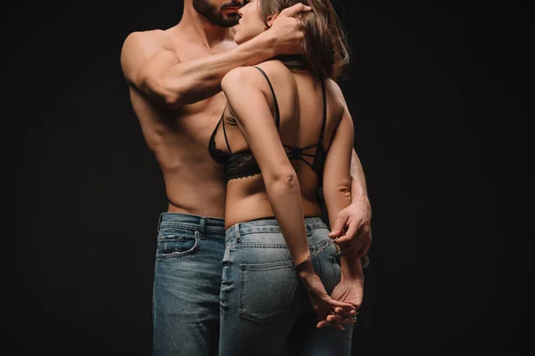 Cropped View Shirtless Man Hugging Sexy Girlfriend Handcuffs Isolated Black — Stock Photo, Image