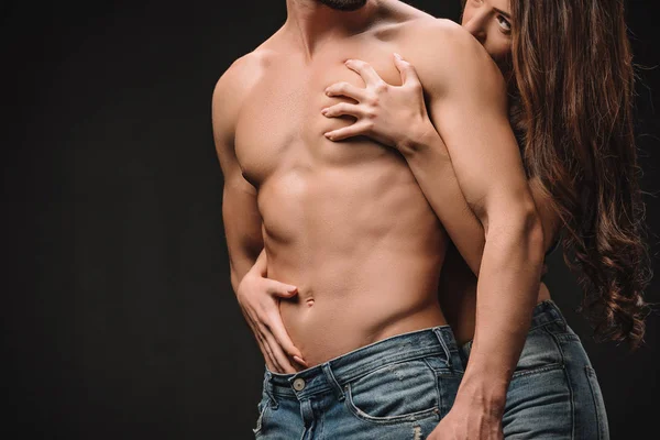 Cropped View Girl Hugging Sexual Shirtless Man Isolated Black — Stock Photo, Image