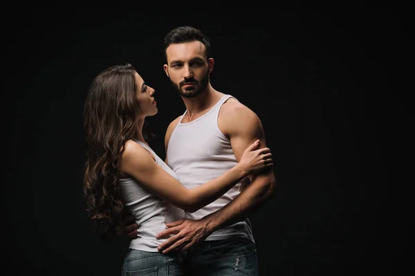 Beautiful Sexual Couple Hugging Isolated Black — Stock Photo, Image