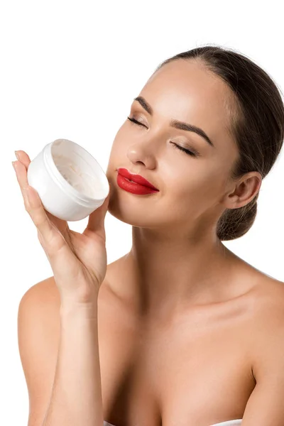 Attractive Girl Red Lips Closed Eyes Smiling Holding Jar Face — Stock Photo, Image