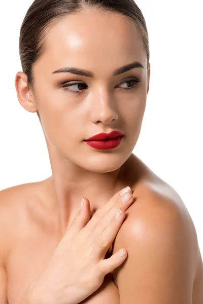 Attractive Girl Touching Naked Shoulder Isolated White — Stock Photo, Image