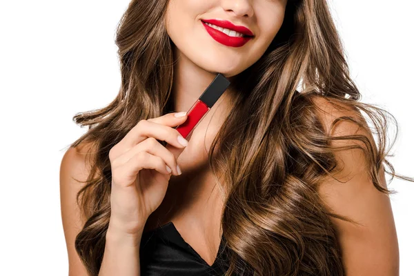 Cropped View Girl Smiling Holding Red Liquid Lipstick Isolated White — Stock Photo, Image