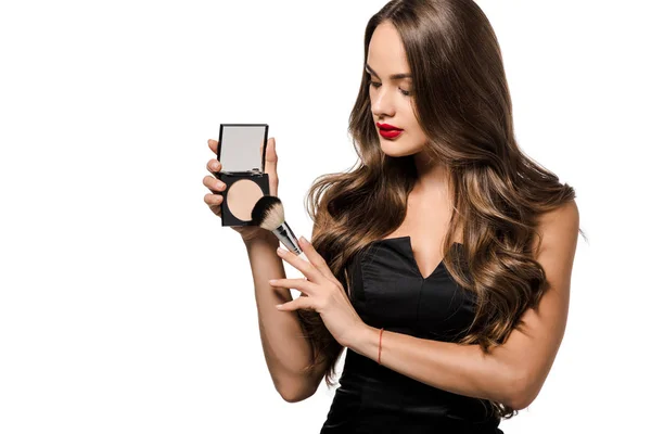 Beautiful Model Black Dress Red Lips Holding Powder Cosmetic Brush — Stock Photo, Image