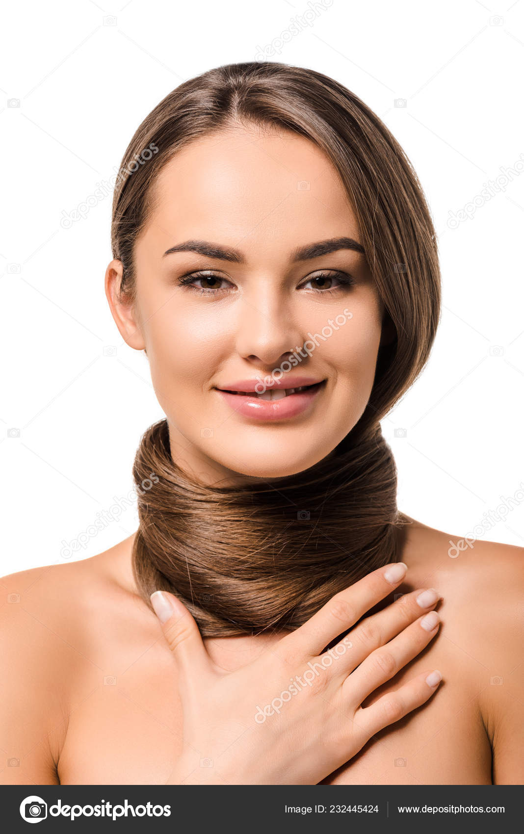 Attractive Girl Long Brown Hair Neck Looking Camera Smiling Isolated Stock Photo by