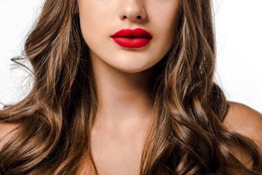 girl with long brown hair and red lips isolated on white clipart