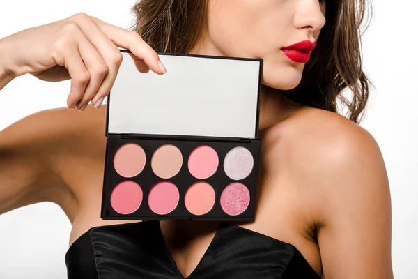 Cropped View Girl Holding Palette Eyeshadows Isolated White — Stock Photo, Image