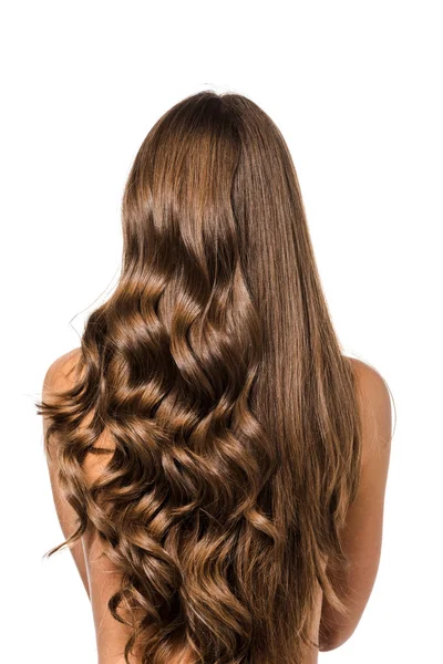 Rückseite Des Mädchens Mit Lockigen Und Glatten Langen Braunen Haaren — Stockfoto