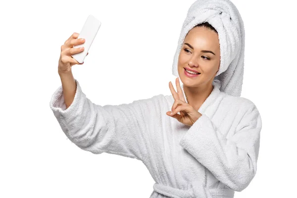 Attractive Girl Bathrobe Showing Peace Symbol Taking Selfie Isolated White — Stock Photo, Image