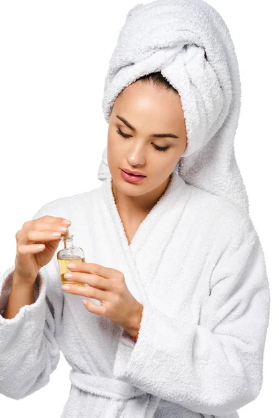 Attractive Girl Bathrobe Holding Bottle Oil Isolated White — Stock Photo, Image