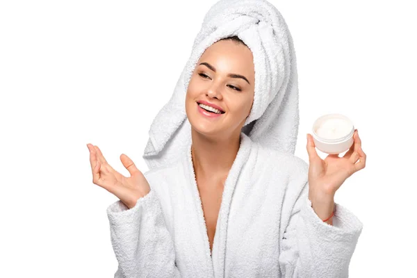 Attractive Girl Bathrobe Holding Jar Cream Smiling Isolated White — Stock Photo, Image