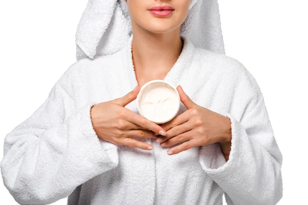 Vista Cortada Menina Roupão Mostrando Frasco Com Creme Isolado Branco — Fotografia de Stock