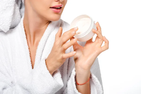 Cropped View Girl Bathrobe Holding Jar Cream Isolated White — Stock Photo, Image