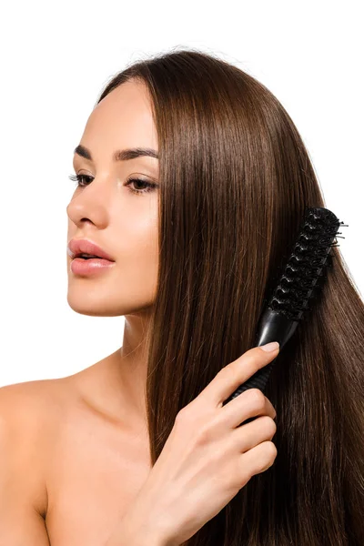 Beautiful Girl Combing Long Hair Hairbrush Isolated White — Stock Photo, Image