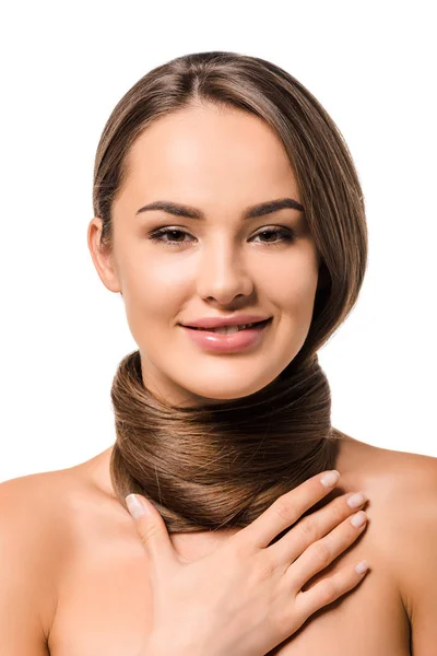 Attractive Girl Long Brown Hair Neck Looking Camera Smiling Isolated — Stock Photo, Image