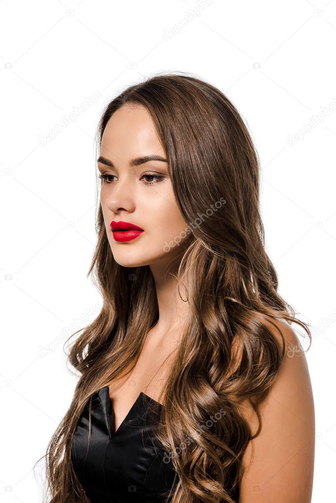 beautiful girl with red lips isolated on white