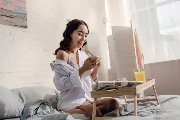 Happy Seductive Asian Girl White Shirt Holding Cup Coffee Having — Stock Photo, Image