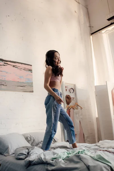 Beautiful Happy Asian Girl Standing Bed Looking — Stock Photo, Image