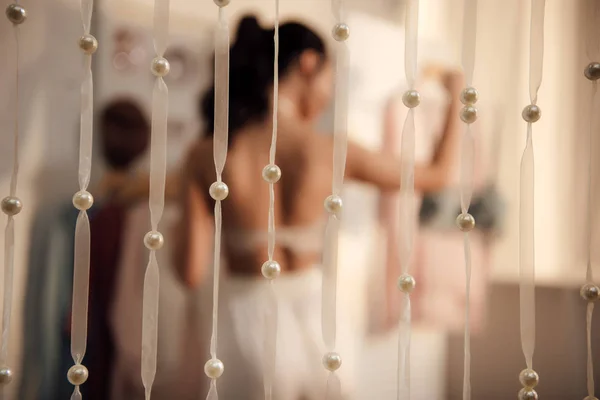 Close View Decorative White Ribbons Pearls Young Woman Choosing Clothes — Stock Photo, Image