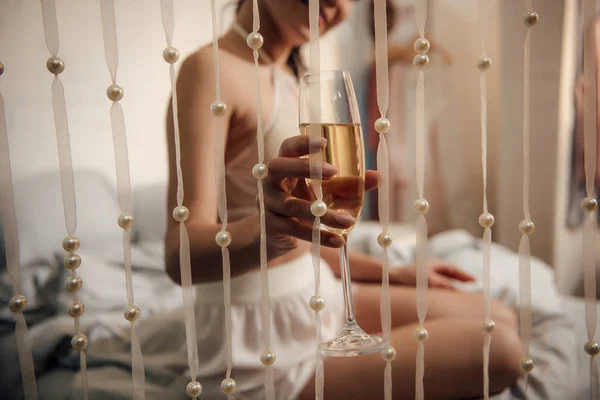 Close Partial View Young Woman Holding Glass Wine Bedroom — Stock Photo, Image