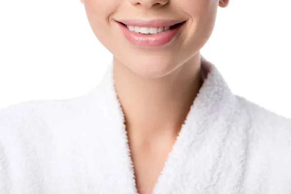 Cropped View Smiling Woman Bathrobe Isolated White — Stock Photo, Image